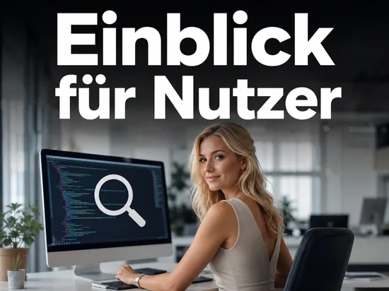 Geschaeftsfrau vor einem Monitor mit Programmcode und Lupensymbol als Symbol fuer den Einblick in den Windows-Quellcode fuer Nutzer