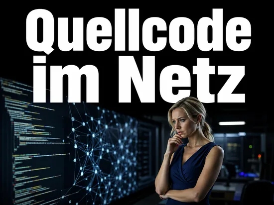 Besorgte Geschaeftsfrau vor einer Bildschirmwand mit Programmcode und Netzwerkgrafik als Symbol dafuer, dass Teile des Windows-Quellcodes im Internet auftauchten