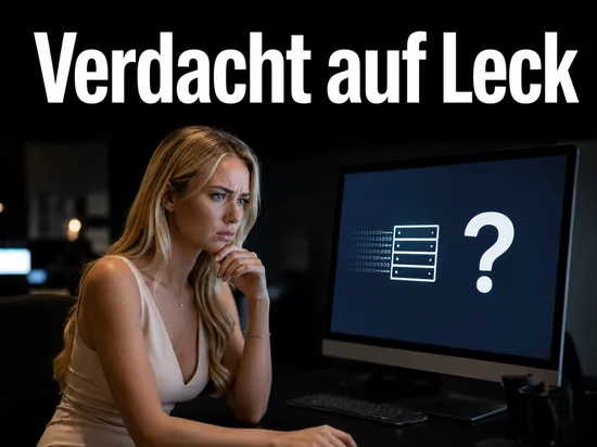 Nachdenkliche Geschaeftsfrau vor einem Monitor mit Datenpaket und Fragezeichen als Symbol fuer den Verdacht auf ein Leck im Windows-Quelltext