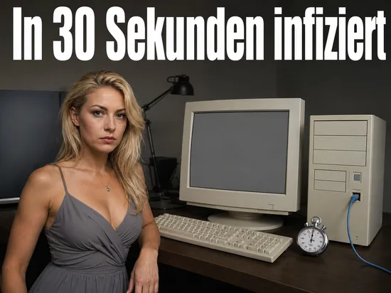 Blonde Frau am Schreibtisch mit älterem Desktop-PC, Röhrenmonitor mit leerem Bildschirm und einer Stoppuhr