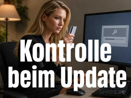 Geschaeftsfrau mit Karte in der Hand vor einem Monitor mit Pruef-Dialog und Schluessel-Symbol als Symbol fuer den Lizenztest beim Windows-Update
