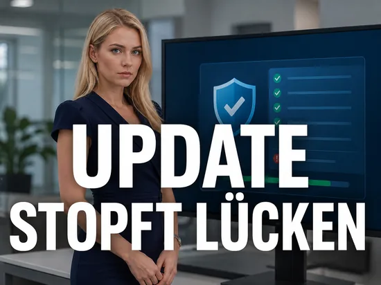 Geschaeftsfrau vor Monitor mit Update-Liste, Schutzschild und rotem Hinweissymbol