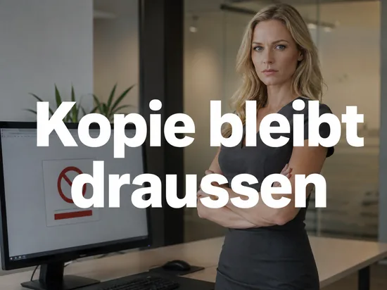 Streng blickende Geschaeftsfrau neben einem Monitor mit Update-Seite und rotem Verbotszeichen als Symbol fuer verweigerte Updates bei Raubkopien