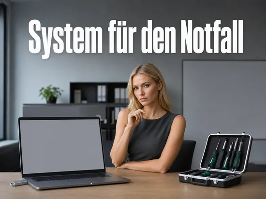 Blonde Frau am Schreibtisch mit Laptop, eingestecktem USB-Stick und geöffnetem Werkzeugkoffer