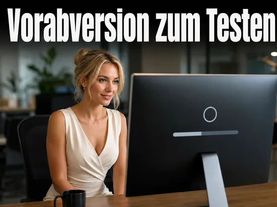 Geschaeftsfrau vor einem Monitor mit schlichtem Ladebildschirm als Symbol fuer die Vorabversion des neuen Windows