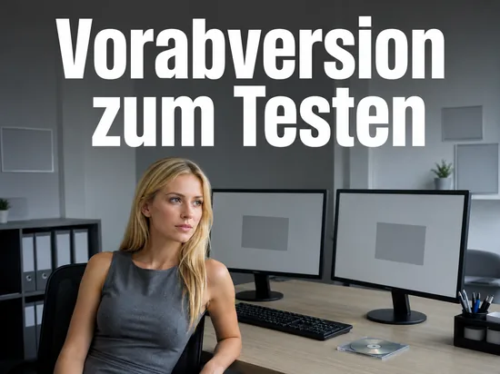 Buero-Arbeitsplatz mit zwei Monitoren und einer CD als Symbol fuer eine Vorabversion zum Testen