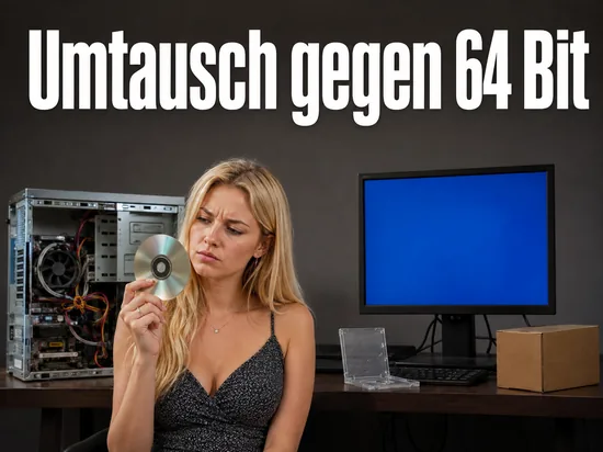 Frau mit CD vor geoeffnetem PC und Monitor, Schriftzug Umtausch gegen 64 Bit