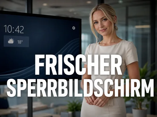 Geschaeftsfrau vor Monitor mit Sperrbildschirm, Uhrzeit, Wetterkachel und Zahnrad-Symbol