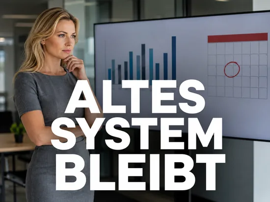 Geschaeftsfrau vor Monitor mit Marktanteils-Balkendiagramm und Kalender mit rot markiertem Stichtag