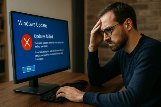 Mann mit Brille sitzt nachdenklich vor PC-Bildschirm, auf dem ein Windows-Update-Fehler angezeigt wird. Der Monitor zeigt eine Fehlermeldung, die Frustration des Nutzers ist deutlich sichtbar.