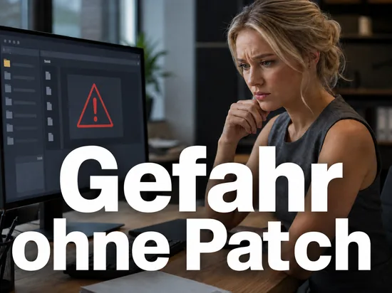 Besorgte Geschaeftsfrau vor einem Monitor mit Dateimanager-Vorschau und rotem Warndreieck als Symbol fuer eine Sicherheitsluecke ohne verfuegbaren Patch