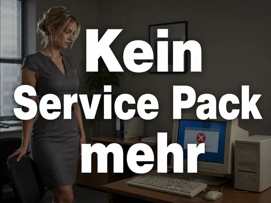Geschaeftsfrau neben einem aelteren Desktop-Rechner mit Update-Fenster und rotem Kreuz als Symbol fuer ein nicht mehr erscheinendes Service Pack