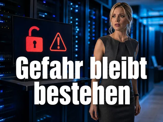 Besorgte Geschaeftsfrau im Serverraum vor einem Monitor mit geoeffnetem Schloss und rotem Warndreieck als Symbol fuer eine nicht schliessbare Sicherheitsluecke