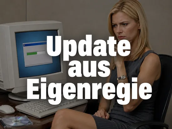 Skeptische Geschaeftsfrau vor einem alten Roehrenmonitor mit Installationsfenster und gebrannter Disc als Symbol fuer ein inoffizielles Service Pack fuer Windows 98