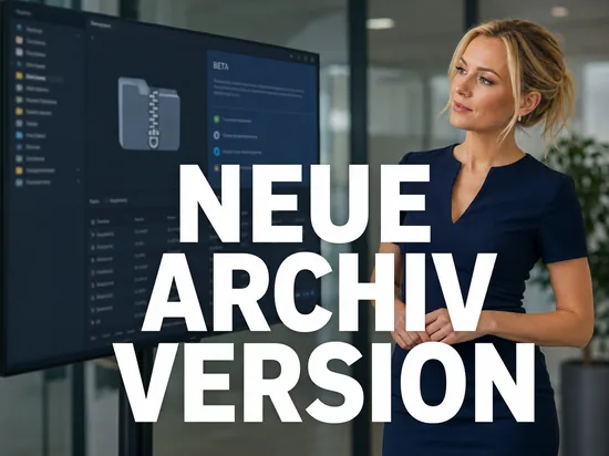 Geschaeftsfrau vor Monitor mit Archivprogramm, Zip-Ordner-Symbol und Beta-Hinweis