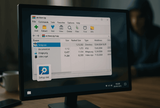 Geöffnete WinRAR-Oberfläche auf einem Computerbildschirm ohne angezeigte Windows-Sicherheitswarnung, symbolisch für die Schwachstelle CVE-2025-31334