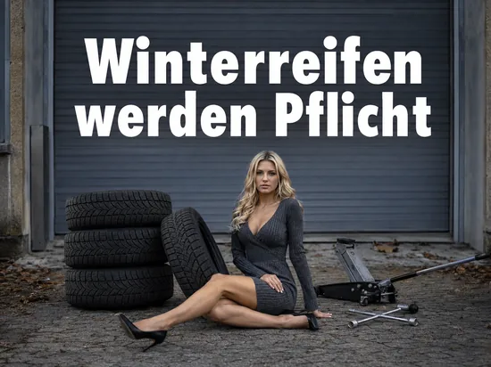 Stapel Winterreifen mit Wagenheber und Werkzeug auf dem Hof einer Kfz-Werkstatt