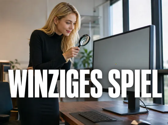 Blonde Frau betrachtet mit Lupe ein winziges Pixelspiel auf einem grossen Monitor, Schriftzug Winziges Spiel