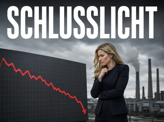 Besorgte blonde Geschaeftsfrau vor fallendem rotem Wirtschaftsdiagramm und Fabrikschornsteinen, Symbolbild Deutschland Schlusslicht beim Wirtschaftswachstum