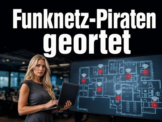 Geschaeftsfrau mit Laptop vor einem Bildschirm mit Gebaeudekarte und georteten Funknetzen als Symbol fuer die neue Software zum Aufspueren von WLAN-Hackern