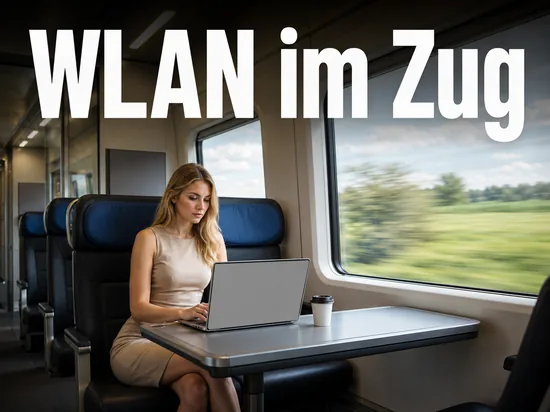 Notebook mit leerem Bildschirm auf einem Tisch im Zugabteil