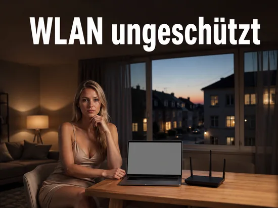 Blonde Frau im Wohnzimmer am Tisch mit aufgeklapptem Laptop und WLAN-Router, Blick aus dem Fenster auf Wohnhäuser in der Dämmerung