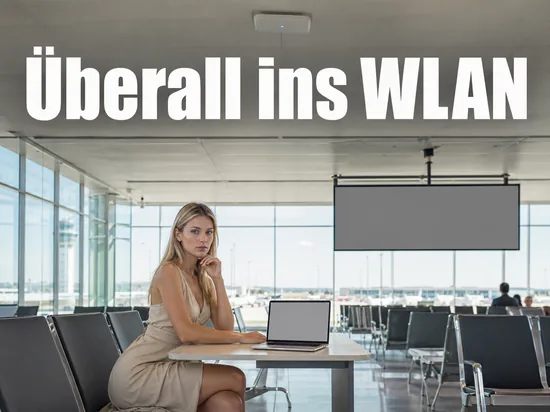 Frau mit Notebook im Wartebereich eines Flughafens unter einem WLAN-Sender