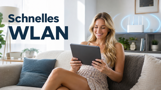 Blonde Frau im Kleid streamt entspannt auf dem Tablet, im Hintergrund ein gut platzierter WLAN-Router mit Funkwellen als Symbol für schnelles WLAN.