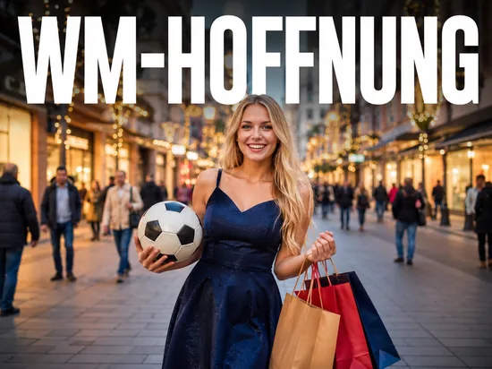Blonde Frau mit Fussball und Einkaufstueten, Symbolbild WM-Hoffnung fuer die Wirtschaft