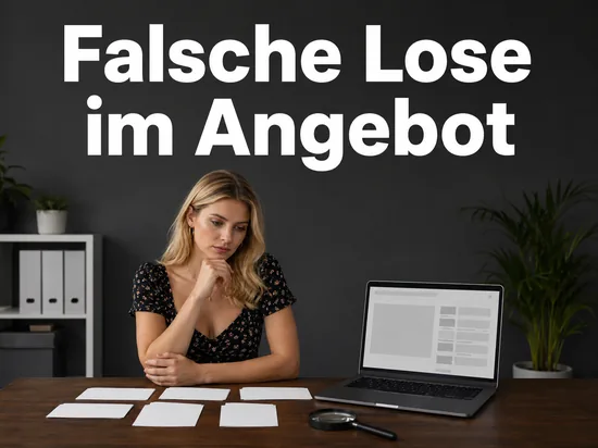 Leere Papierlose neben einem Laptop mit Auktionsliste als Symbol fuer gefaelschte Lose im Onlinehandel