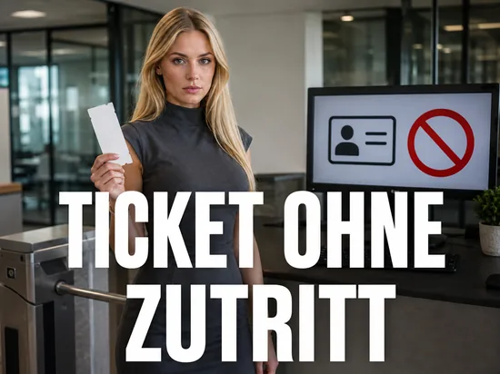 Blonde Frau haelt eine Eintrittskarte vor Monitor mit Ausweis-Symbol und Verbotszeichen, Schriftzug Ticket ohne Zutritt