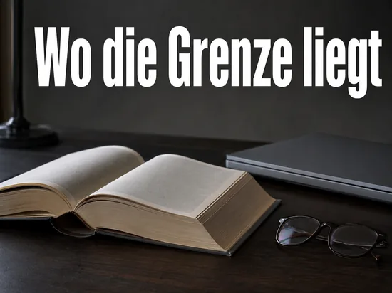 Aufgeschlagenes Gesetzbuch mit Lesebrille und Laptop auf einem Schreibtisch