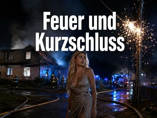Naechtlicher Feuerwehreinsatz vor einem qualmenden Wohnhaus mit Kurzschluss-Funken am Strommast, davor eine Frau