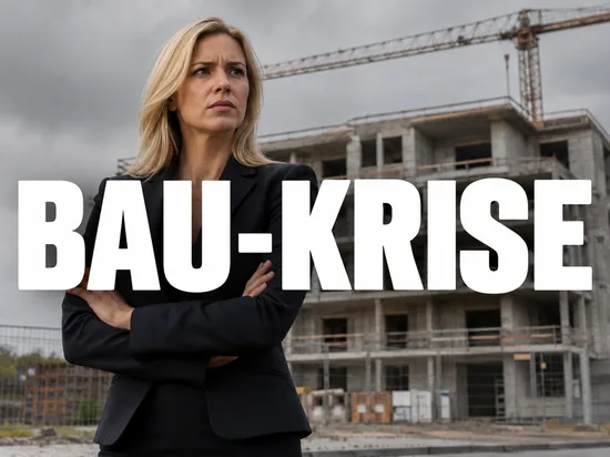 Ernste blonde Geschaeftsfrau vor unfertigem Wohnhaus-Rohbau mit stillstehendem Baukran, Symbolbild Krise im Wohnungsbau und Stellenabbau