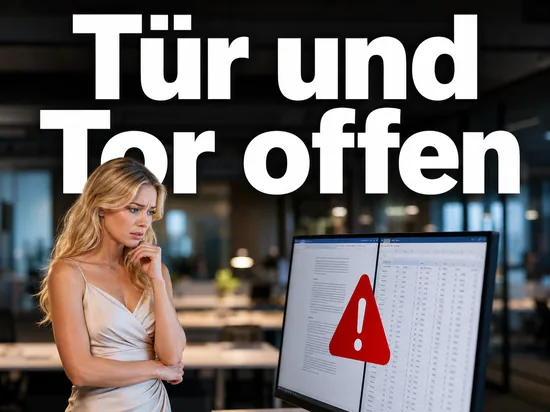 Besorgte Geschaeftsfrau vor einem Monitor mit Textdokument, Tabelle und rotem Warndreieck als Symbol fuer neue Schwachstellen in Word und Excel