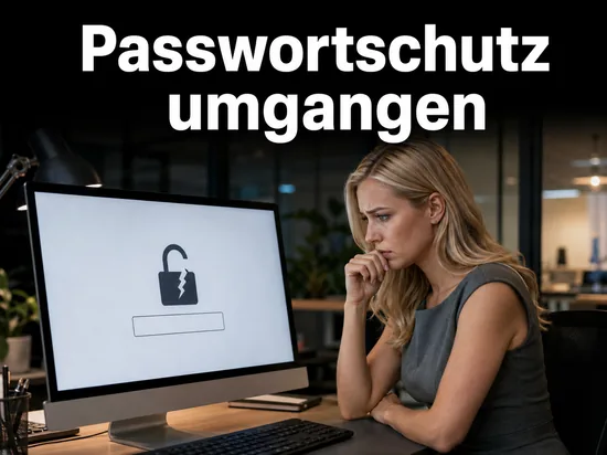 Besorgte Geschaeftsfrau vor einem Monitor mit aufgebrochenem Schloss und leerem Passwortfeld als Symbol fuer den Zugang zu geschuetzten Word-Dateien