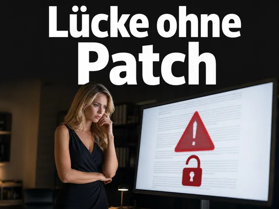 Besorgte Geschaeftsfrau vor einem Monitor mit Textdokument, rotem Warndreieck und offenem Schloss als Symbol fuer die ungepatchte Sicherheitsluecke in Microsoft Word