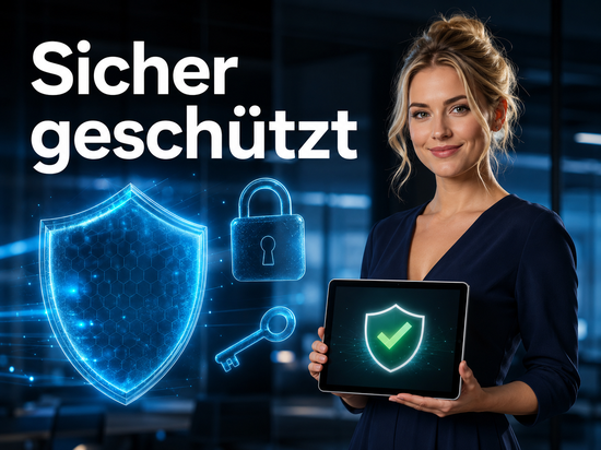 Blonde Frau im dunkelblauen Kleid hält ein Tablet mit WordPress-Schutzschild und grünem Haken, daneben ein Schloss-Symbol