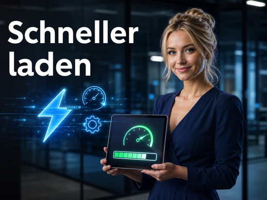 Blonde Frau im dunkelblauen Kleid hält ein Tablet mit Ladebalken und Tachosymbol, daneben Blitz und Zahnrad