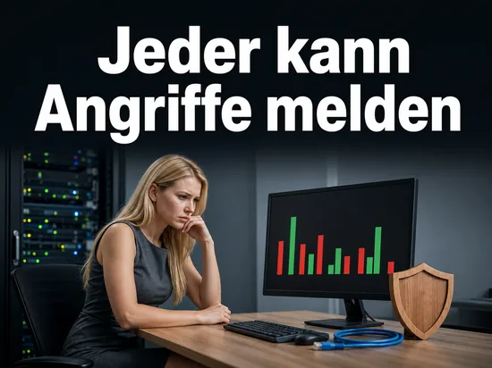 Frau vor Monitor mit Balkendiagramm und Schutzschild im Serverraum, Schriftzug Jeder kann Angriffe melden
