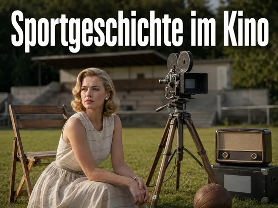 Nostalgisches Filmset auf einem Sportplatz mit alter Kamera, Lederfussball und Radio