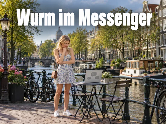 Frau steht an einer Amsterdamer Gracht nachdenklich vor einem Laptop auf einem Bistrotisch