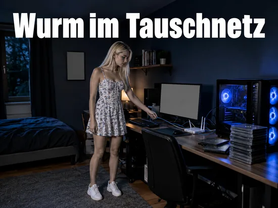 Frau zieht in einem abgedunkelten Jugendzimmer ein Netzwerkkabel aus einem Router neben einem Gaming-PC