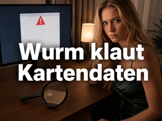 Monitor mit gefaelschtem Bezahl-Popup und Warnsymbol, davor eine Lupe ueber einer neutralen Kreditkarte, dahinter eine Frau