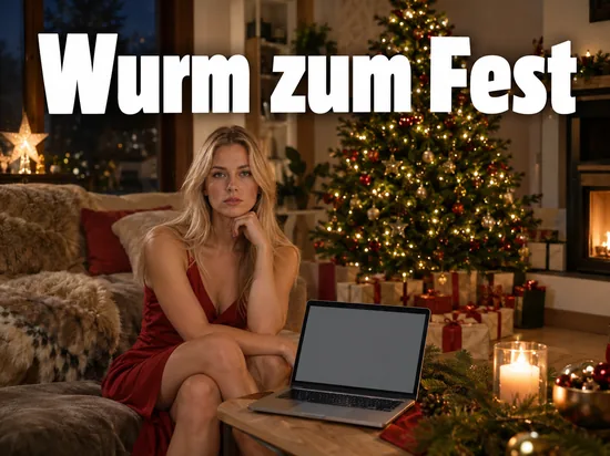 Laptop mit leerem Bildschirm vor einem geschmückten Weihnachtsbaum