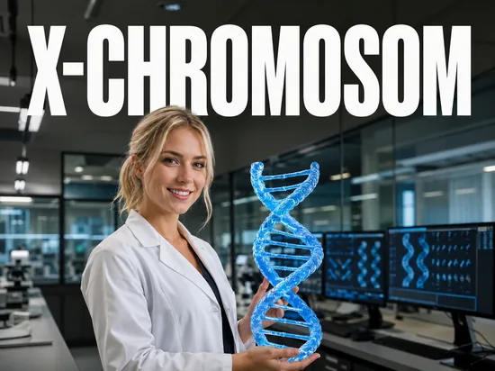 Laechelnde blonde Wissenschaftlerin im weissen Laborkittel haelt ein leuchtendes DNA-Doppelhelix-Modell im Genlabor, Symbolbild Entschluesselung des X-Chromosoms