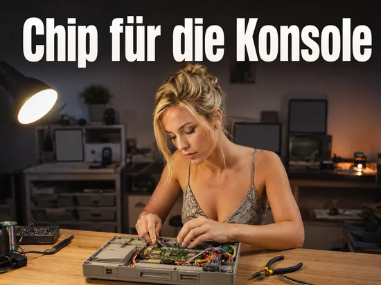 Geoeffnete Spielkonsole mit verloeteten Kabeln auf einer Werkbank