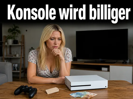 Frau am Tisch mit weisser Spielkonsole, Controller und Geldscheinen, Schriftzug Konsole wird billiger
