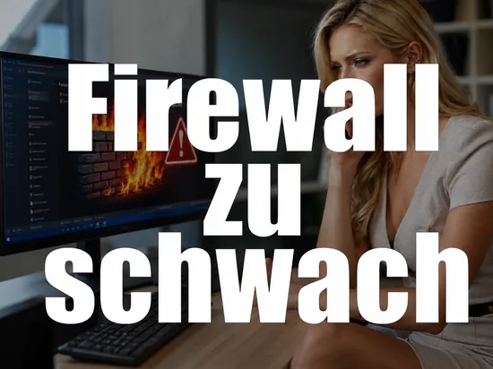 Besorgte Geschaeftsfrau vor einem Monitor mit Firewall-Einstellungen, brennender Mauer und rotem Warndreieck als Symbol fuer eine unsichere Windows-Firewall