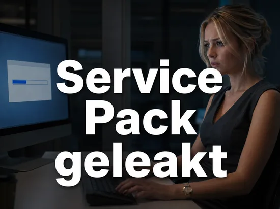 Geschaeftsfrau im abgedunkelten Buero vor einem Monitor mit Update-Fenster und Download-Fortschrittsbalken als Symbol fuer eine vorab im Internet aufgetauchte Service-Pack-Vorschau